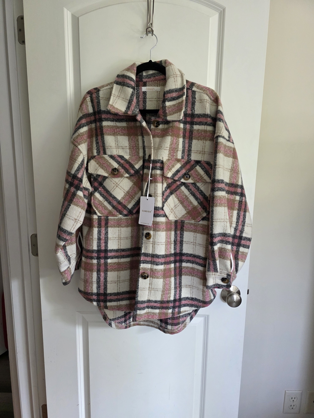 Teddy Plaid Shacket Jacket in Cream & Pink - Casual Cozy Layer